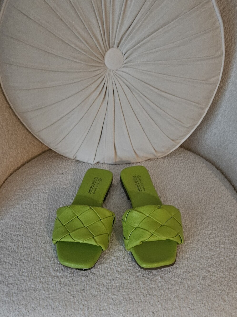 Call it Spring Neon Green Vegan Leather Woven Slide Sandals